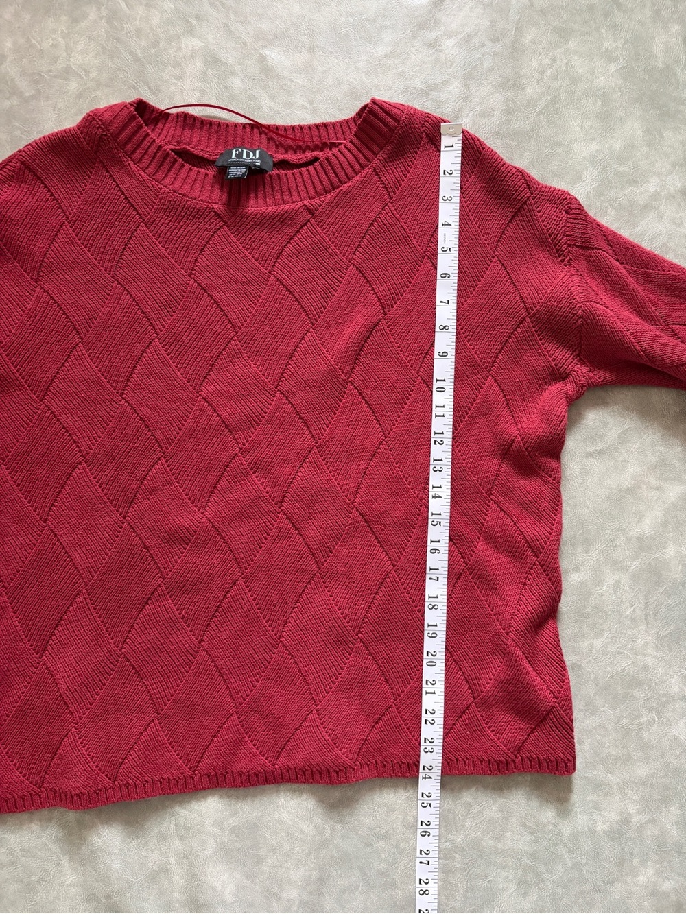FDJ French Dressing Red Bell Sleeve Drop Shoulder Diamond Knit Boatneck Sweater - Picture 8 of 10